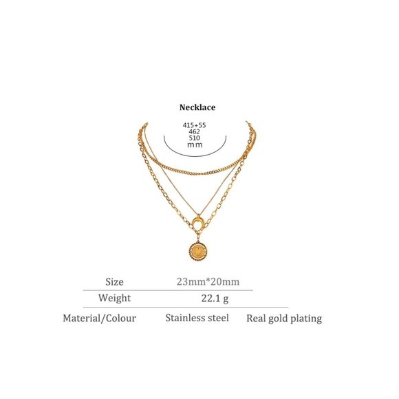 NEW 18K Gold Plated Lion Coin Horn Moon Triple Layer Link Chain Necklace - Picture 5 of 8
